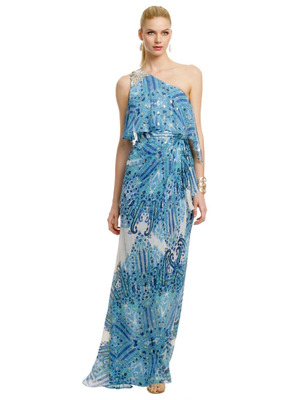 Badgley Mischka Dream On Gown Long Maxi Beaded One Shoulder Silk Blue Gold Dress